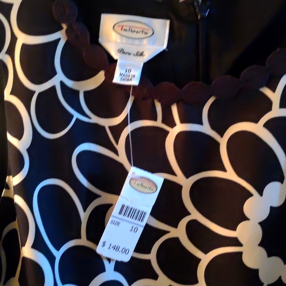 TALBOTS NWT 100% Silk Black and Cream Floral Print Dress - Size 10 - Picture 3 of 5